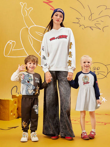 Young Girl Cartoon Retro American Letter Print Colorblock Raglan Sleeve Dress