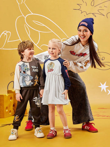 Young Girl Cartoon Retro American Letter Print Colorblock Raglan Sleeve Dress