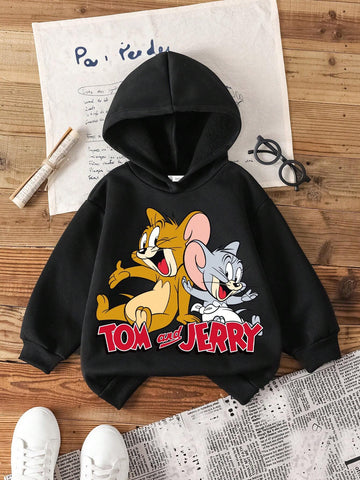 Young Girl Casual Cat Print Long Sleeve Hooded Sweatshirt, Suitable For Autumn/Winter