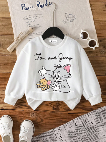 Young Girl Casual Long Sleeve Crew Neck Cat Print Sweatshirt, Suitable For Autumn/Winter