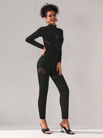 TORRION Mesh Patchwork Stand Collar Ribbed Knit Jumpsuit