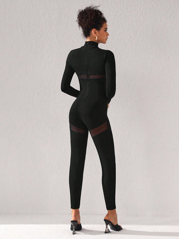 TORRION Mesh Patchwork Stand Collar Ribbed Knit Jumpsuit