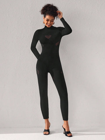 TORRION Mesh Patchwork Stand Collar Ribbed Knit Jumpsuit