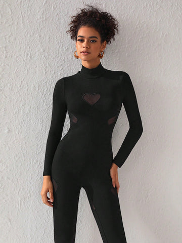 TORRION Mesh Patchwork Stand Collar Ribbed Knit Jumpsuit