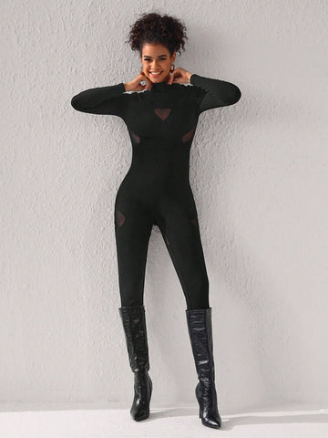 TORRION Mesh Patchwork Stand Collar Ribbed Knit Jumpsuit