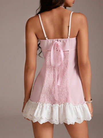 TRNVIE 1pc Women Half Slip Floral Lace Accent Bra-Sized Pink Tie Strap Elegant Dress
