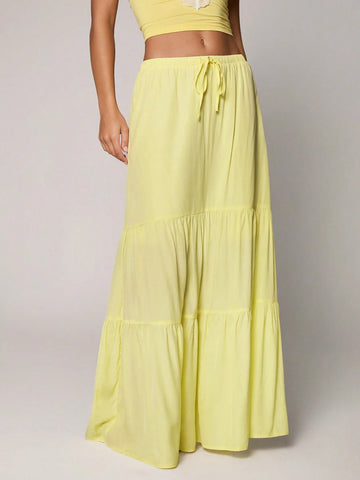 TRNVIE Casual Yellow Low-Waist Wrap Long Skirt