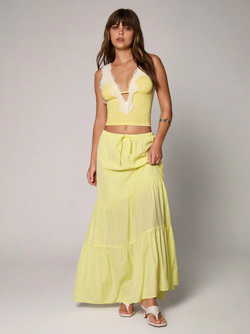 TRNVIE Casual Yellow Low-Waist Wrap Long Skirt