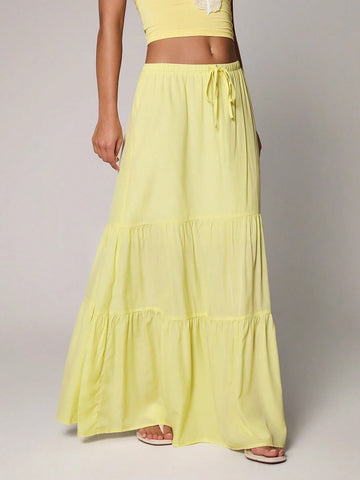 TRNVIE Casual Yellow Low-Waist Wrap Long Skirt
