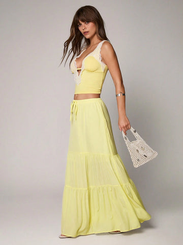TRNVIE Casual Yellow Low-Waist Wrap Long Skirt