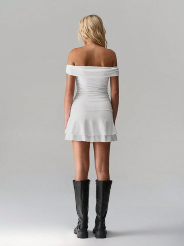 TRNVIE Minimalist Off Shoulder Low-Waist Split Hem Versatile Midi Dress