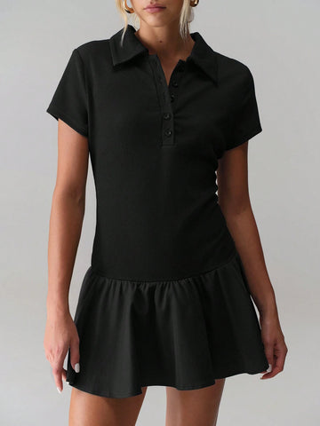 TRNVIE Solid Color Lapel Button Waist A-Line Knee-Length Short Dress For Women