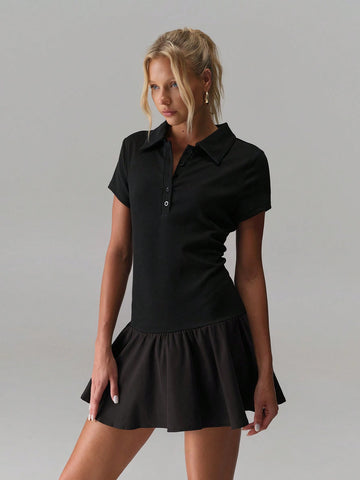 TRNVIE Solid Color Lapel Button Waist A-Line Knee-Length Short Dress For Women