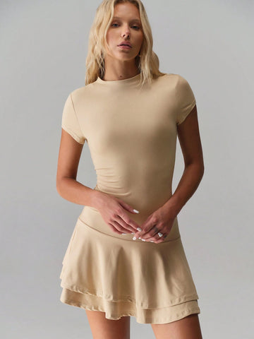 TRNVIE Solid Color Low Waist Asymmetric Hem Dress