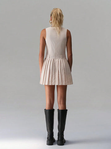 TRNVIE V-Neck Button Casual Pleated Dress