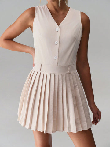 TRNVIE V-Neck Button Casual Pleated Dress