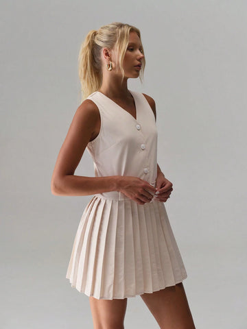 TRNVIE V-Neck Button Casual Pleated Dress