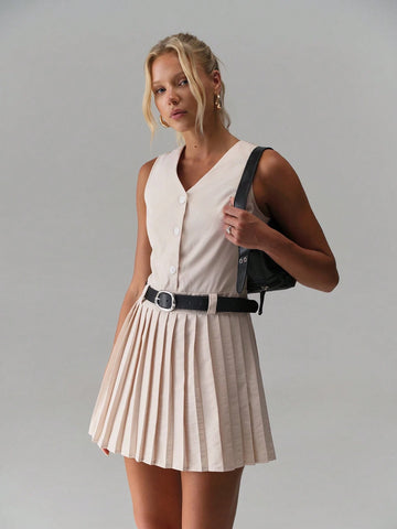 TRNVIE V-Neck Button Casual Pleated Dress