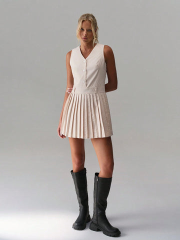 TRNVIE V-Neck Button Casual Pleated Dress