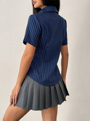 Women Striped Short Sleeve Single-Breasted Casual Blouse'