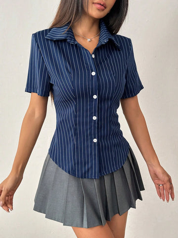 Women Striped Short Sleeve Single-Breasted Casual Blouse'