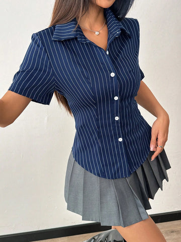 Women Striped Short Sleeve Single-Breasted Casual Blouse'