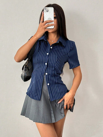 Women Striped Short Sleeve Single-Breasted Casual Blouse'