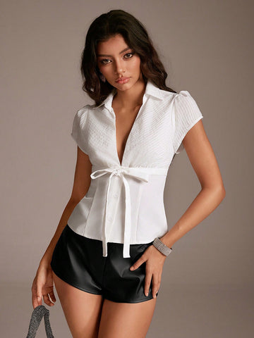 Women's Elegant Patchwork Deep V-Neck Cinched Waist Shirt,