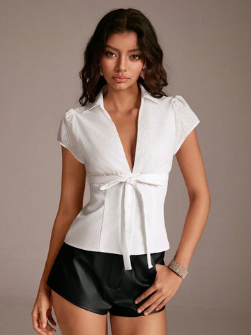Women's Elegant Patchwork Deep V-Neck Cinched Waist Shirt,