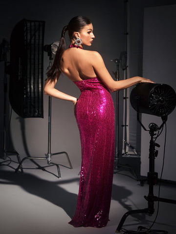 Tansi Crisscross Backless Sequin Dress With Gloves