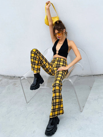 Tartan Print Flare Leg Pants
