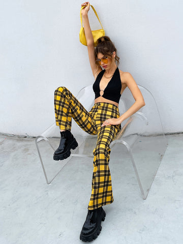 Tartan Print Flare Leg Pants