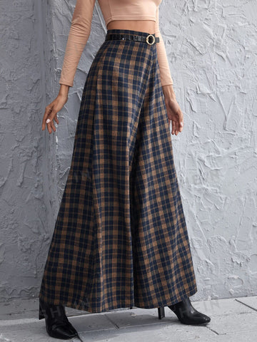 Tartan Wide Leg Pants Without Belt