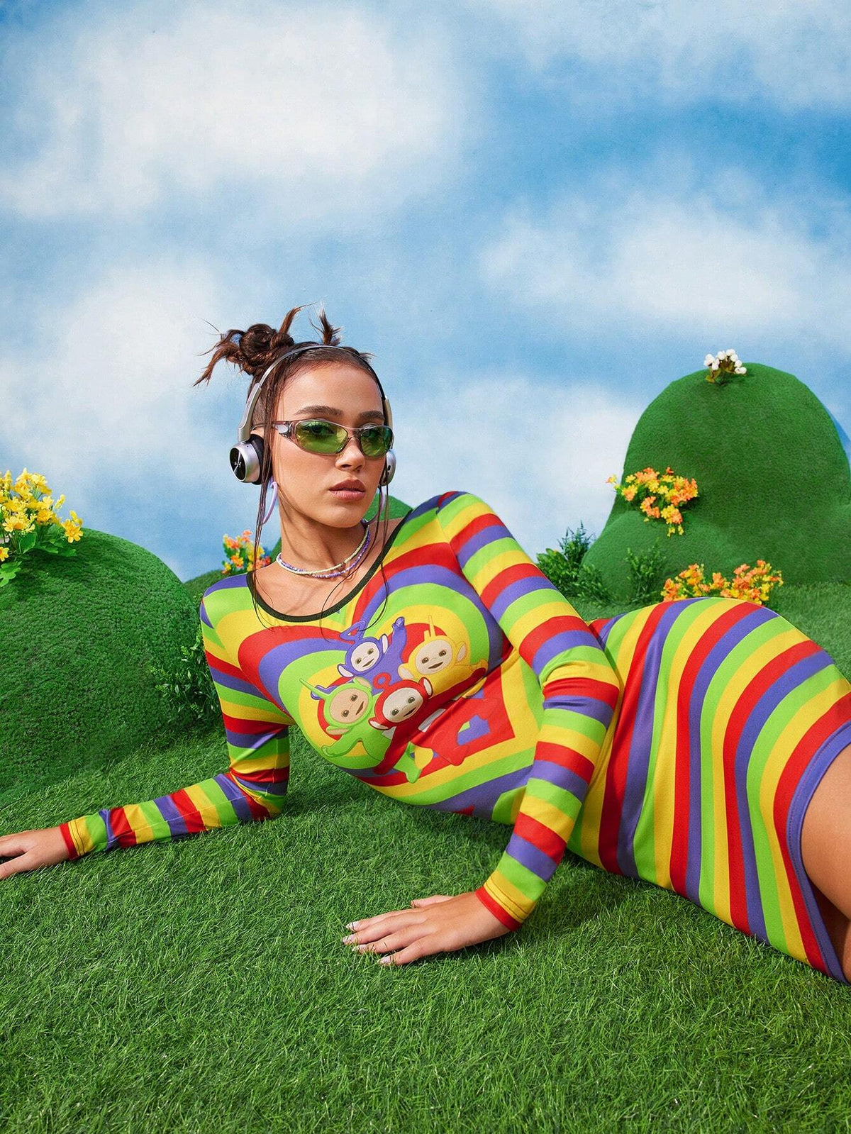 Women Cartoon And Colorful Striped Print Slim Fit Short Dress