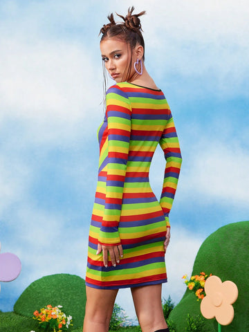 Women Cartoon And Colorful Striped Print Slim Fit Short Dress