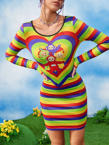 Women Cartoon And Colorful Striped Print Slim Fit Short Dress