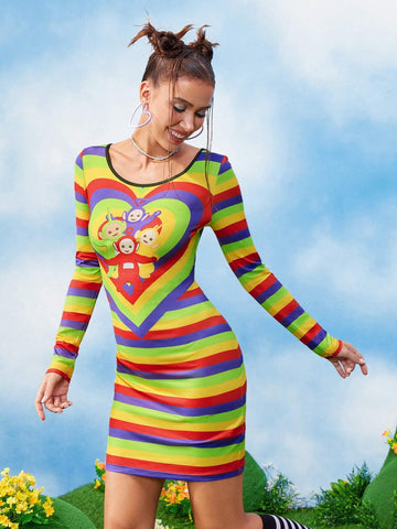 Women Cartoon And Colorful Striped Print Slim Fit Short Dress