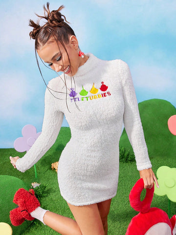 Women Cartoon Embroidery Fuzzy Bodycon Dress