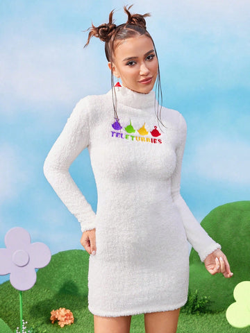 Women Cartoon Embroidery Fuzzy Bodycon Dress