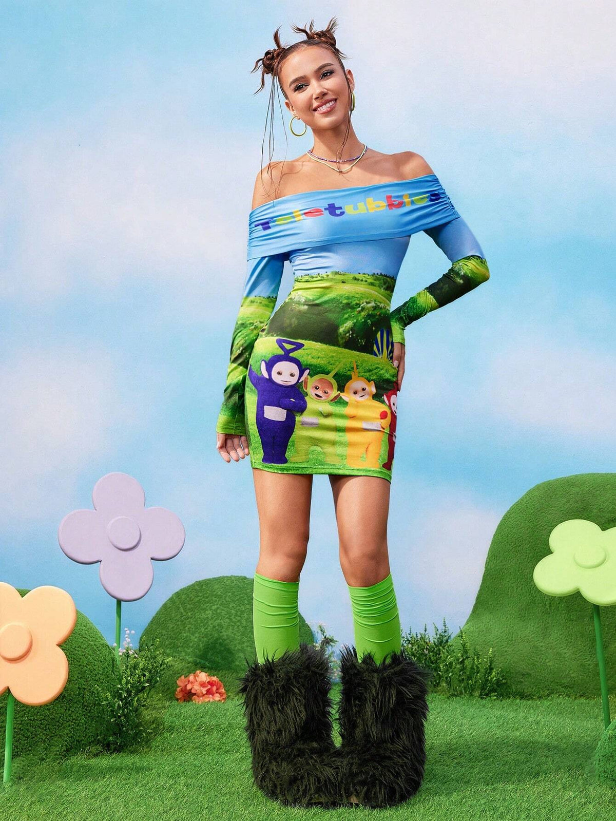 Women Cartoon Print Off Shoulder Bodycon Mini Dress