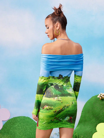 Women Cartoon Print Off Shoulder Bodycon Mini Dress