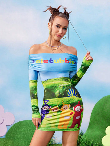 Women Cartoon Print Off Shoulder Bodycon Mini Dress