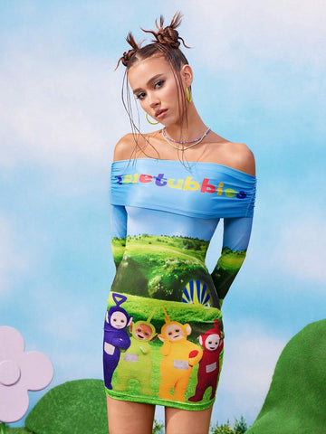 Women Cartoon Print Off Shoulder Bodycon Mini Dress