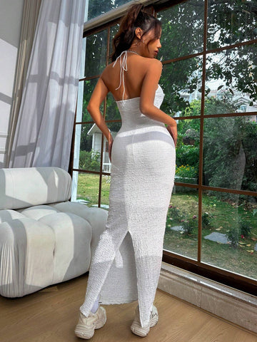Texture Solid Color Halter Dress