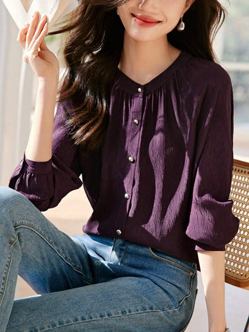 Textured Crew Neck Button Front Shirt, Elegant Long Sleeve Shirt For Summer & Spring