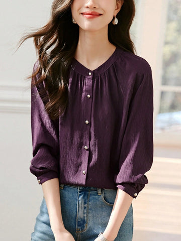 Textured Crew Neck Button Front Shirt, Elegant Long Sleeve Shirt For Summer & Spring