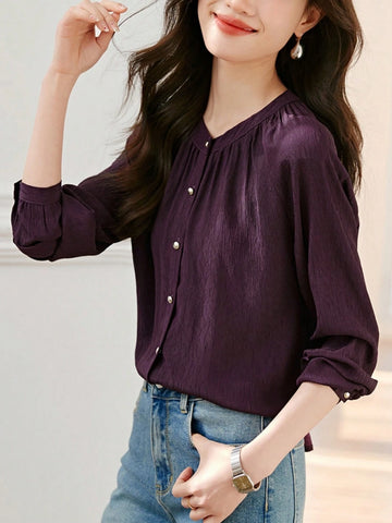Textured Crew Neck Button Front Shirt, Elegant Long Sleeve Shirt For Summer & Spring