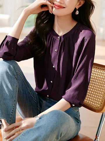 Textured Crew Neck Button Front Shirt, Elegant Long Sleeve Shirt For Summer & Spring