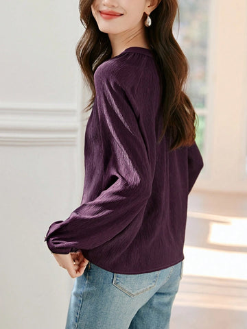 Textured Crew Neck Button Front Shirt, Elegant Long Sleeve Shirt For Summer & Spring