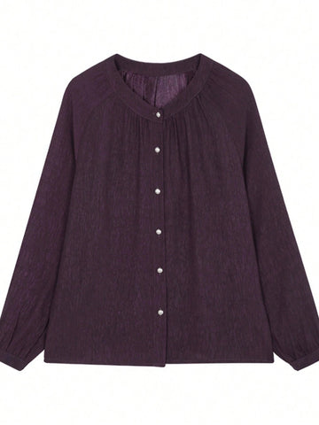 Textured Crew Neck Button Front Shirt, Elegant Long Sleeve Shirt For Summer & Spring